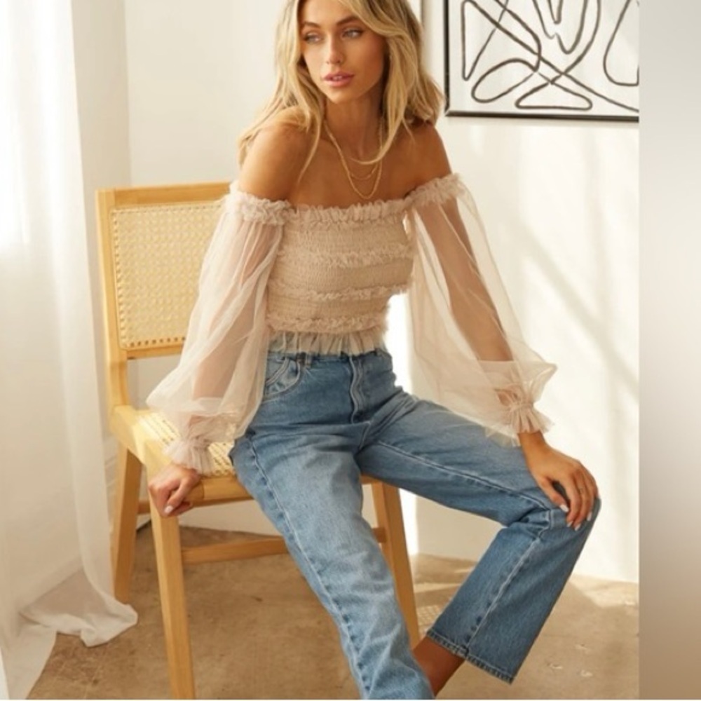 Evolutionary Apparel Nude Off Shoulder Sheer Sleeve Smocked Crop Top M